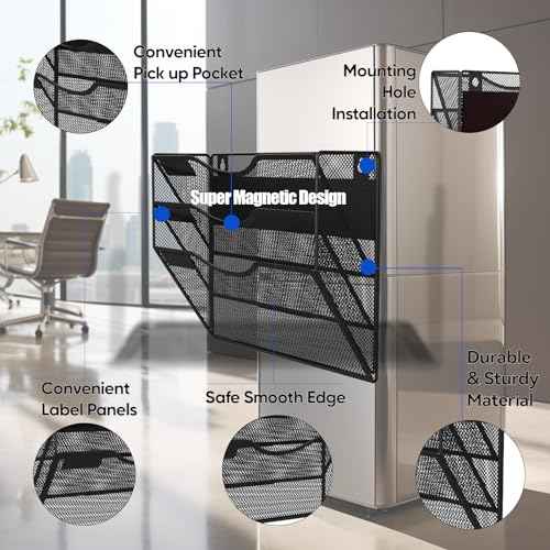 3-Tier Magnetic File Holder, No Drilling Installation File Cabinet Organizer, Black Magnetic File Organizer, Magazine Rack, Magnetic Paper Holder for Refrigerator, File Cabinets, Whiteboard