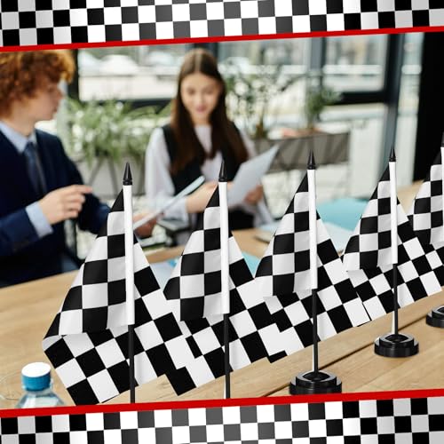 Mindsoft 12 Pcs Checkered Racing Flags on 12-Inch Poles for Desk & Event Decor