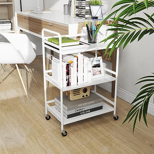 DCLRN 3 Tier Rolling Cart,Storage Organizer Cart,Multifunctional Storage Shelves,Rolling Metal Organization Cart with Handle and Lockable Wheels,for Home,Office,Kitchen,Bathroom(White)