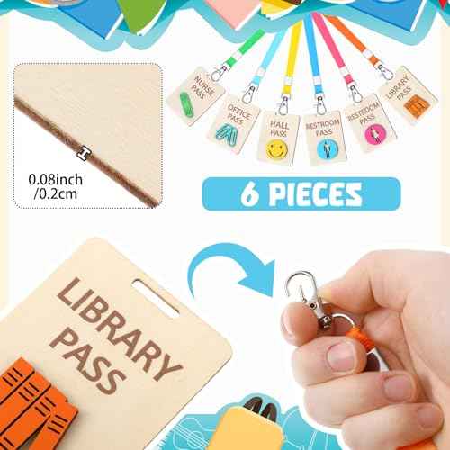 6 Sets Hall Pass Lanyards and School Passes Set Unbreakable Wooden Bathroom Passes for Classrooms Hall, Restroom, Library, Office and Nurse School Teacher Supplies Gift