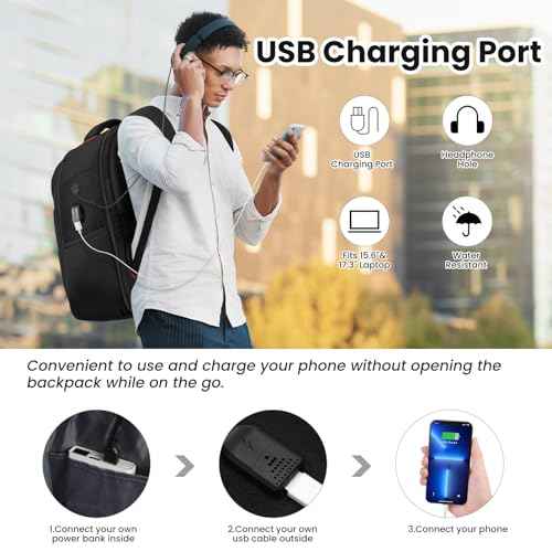 YAMTION Backpack for Men Laptop Backpack with USB Charging Port for Work,School Backpack Waterproof for Teen Boys, Black Travel Backpack