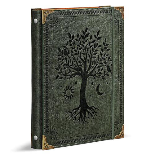 Leather 3 Ring Binder Fits 8.5"x11" Letter Size Paper, 1 Inch Round Ring Binder Holds 200 Sheets, Notebook Cover Loose Leaf Organizer, Green Tree