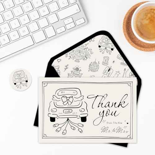 Whaline 24 Pack Wedding Thank You Cards Black The New Mr & Mrs Car Cake Thank You Greeting Note Cards with Envelope Sticker for Bridal Shower