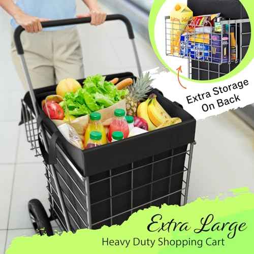 Shopping Cart w/Waterproof Basket Liner & 360¡Æ Swivel Wheels | Foldable Collapsible & Lightweight | Perfect for Groceries Laundry Utility Cart - Silver