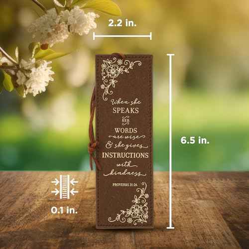 Christian Art Gifts Premium Vegan Faux Leather Scripture Bookmark for Women: When She Speaks - Proverbs 31:26 Inspirational Bible Verse, Heat-Debossed, Faith-Based Reading Accessory with Cord, Brown