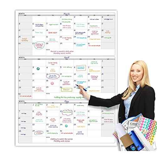 Dry Erase Vertical Three Month Laminated jumbo Wall Calendar, 46 x 63, Huge quarterly Laminated Erasable White Board, Giant 90 day Family Whiteboard Schedule Planner, Large Multi Month Reusable