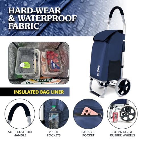 Ultra-Lightweight Foldable Grocery Cart with 40L Capacity, Soft Rolling Wheels, Removable Insulated Bag ? Multi-Purpose Personal Hand Truck (Blue)