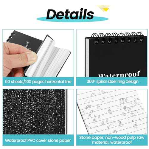 6 Pack Waterproof Notebook, 3x5 Pocket Notepad, Small Top Spiral Stone-Paper Notepad, Mini Pocket Notebook, Little Memo Note Pads for Outdoor, Office, School, Travel (Black)