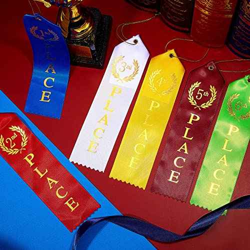 Kenning 180 Pcs Swimming Gymnastics Track Award Ribbon Award Ribbons 1st to 6th Place Flat Carded Set First Place Prizes with Card and Rope Award Ribbon Organizer Contest Award Ribbons, 6 Color