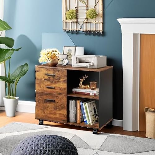 DEVAISE 3 Drawer Mobile File Cabinet, Wood Lateral Filing Cabinet, Printer Stand with Open Shelves for Home Office, Rustic Brown