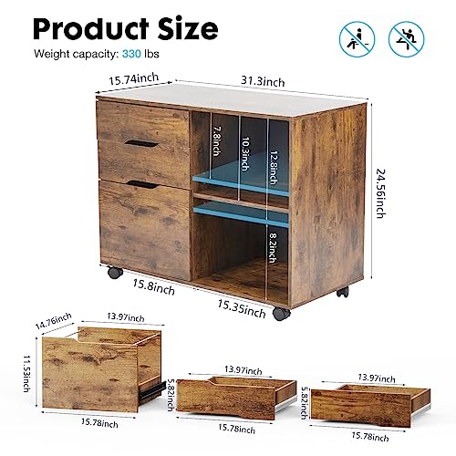 OLIXIS Brown 3-Drawer Lateral File Cabinet with Rolling Printer Stand
