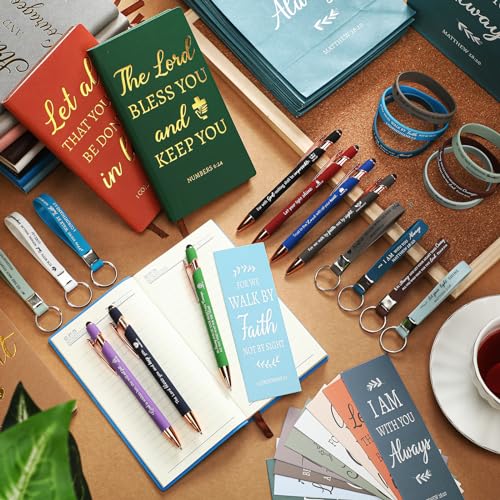 Zhanmai 72 Pcs Christian Gifts Bulk Gifts for Christian Women Faith Based Inspirational Gift for Women Include Bible Verse Paper Bags Ballpoint Pens Notebook Bookmark Inspirational Bracelet Keychain