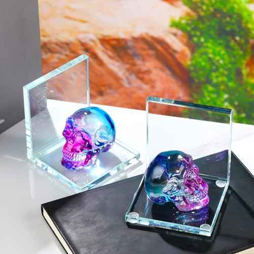 Book Ends for Shelves, Glass Bookends with Blue and Purple Crystal Skull, Day of The Dead Decor, Non Skid Sturdy Crystal Decorative Bookends for Heavy Books, Office, Set of 2
