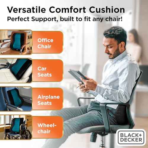 BLACK+DECKER Memory Foam Lumbar Support Pillow with Cooling Gel ? High Back Lumbar Cushion for Office, Car, Wheelchair & Airplane ? Ergonomic, Pain Relief, Adjustable Strap, Washable Cover,Black/Grey