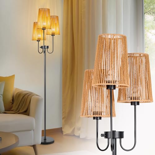 Boho Floor Lamps for Living Room, 3 Bulbs Farmhouse Standing Lamp with Rattan Shades, 65" Tree Rustic Tall Lamps for Bedroom, Office,Corner,Adjustable Color Temperature