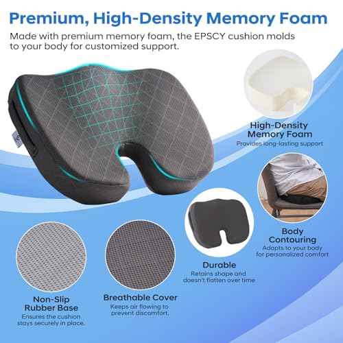 EPSCY Memory Foam Seat Cushion for Office Chair, Car, Airplane & Bleachers ? Ergonomic Support for Sciatica, Hip & Tailbone Pain Relief ? Comfort Pad for Long Sitting, Office Workers & Driver - Grey
