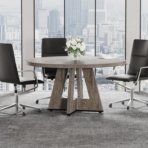 Tribesigns 47-Inch Round Conference Table Grey for 4-6 People, Wooden Meeting Room Table with Thickened Top and Wood Base