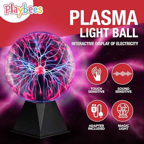 Red Plasma Ball - 7 Inch - Tesla Coil Bulb Static Electricity in a Vacuum Pressurized Glass Globe, Nebula Thunder Lightning, Plug-in - for Parties, Decorations, Prop, STEM