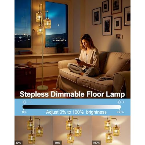 Lightdot 67" Boho Rattant Floor Lamps for Living Room, 3-Light Dimmable Floor Lamp with Gold Woven Cages, Bohemian Standing Tall Lamp, Mid Century Industrial Lighting for Bedroom Office, E26 Base-Gold