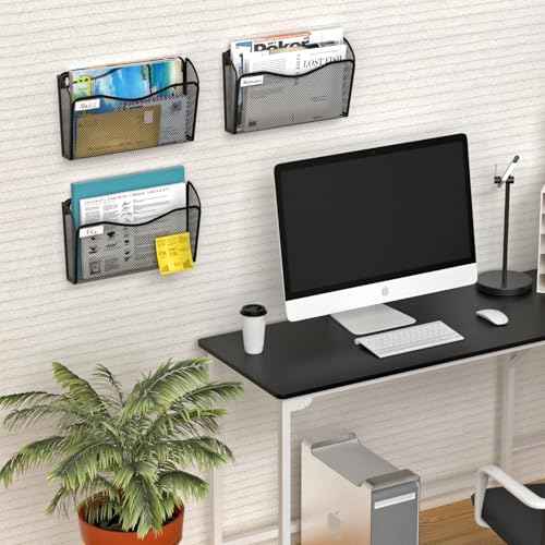 Wall File Organizer, Mesh Hanging File Organizer, Home Office Organization and Storage, 6 Single Pockets Document Magazine Rack