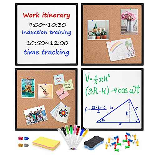 Cork Bulletin Board and Magnetic Dry Erase White Board for Wall, 4-Pack 12" X 12" Square Tiles with Black Framed Combination Board¡¦