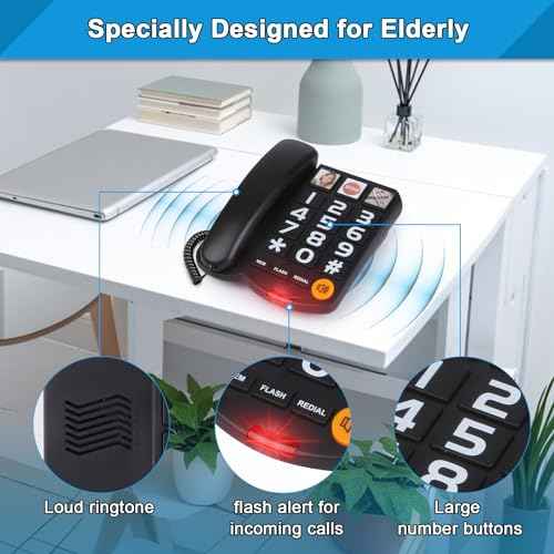 Sangyn Landline Phones for Seniors with Large Button Corded Telephone for Home with Amplified Loud Ringer Volume Adjustable One-Touch Dialing Big Button Telephones for Visually Hearing Impaired,Black