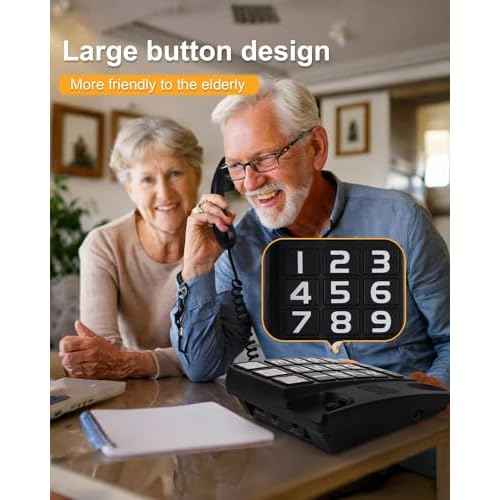 Big Button Phone for Seniors, Landline Telephone for Home with Picture, Durable Hand-Free Phone with LED Call Alert, Adjustable Volume and 3 One-Touch Dialing for Elderly, Black