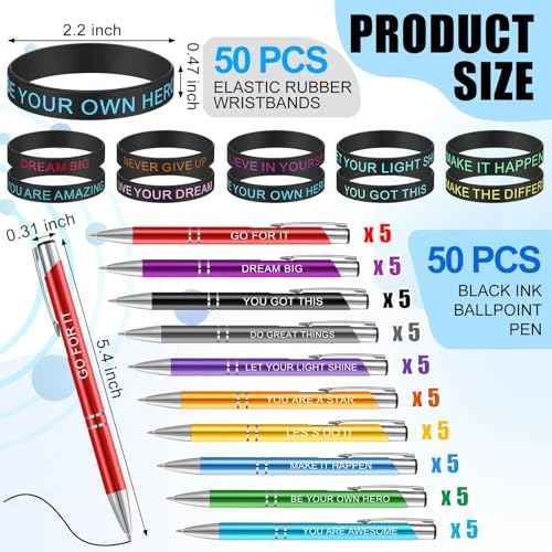 Sabary 150 Pcs Welcome Back to School Gifts Bulk Inspirational Notepads Motivational Ballpoint Pens Motivational Quote Rubber Wristbands Set Pocket Journals Metal Pens for School Office Supplies