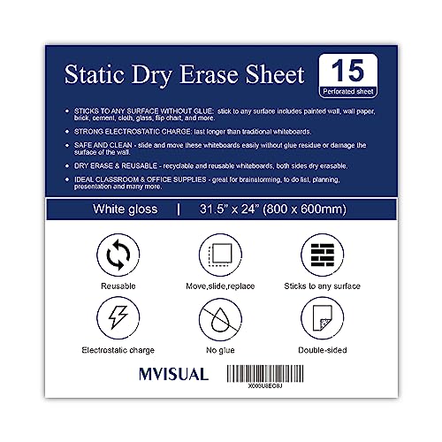 MVISUAL White Dry Erase Board Sticker Pack 15 Sheets 31.5 x 24 Inches for Walls - White