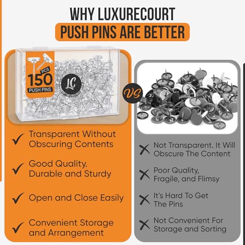 150 Clear Thumb Tacks with Reusable Box – Flat Head Push Pins for Office & Home