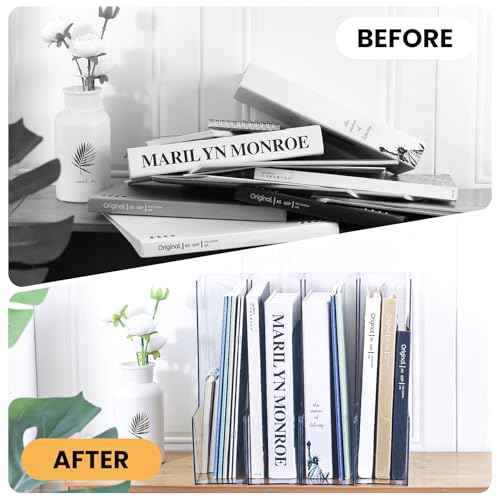 Vertical Magazine File Holder, Clear File Organizer Desk Organizer and Storage Bins Holding for Magazines, Binders, Notebooks, Envelopes, Plastic Office Organization and Storage for Desk, 4 pack