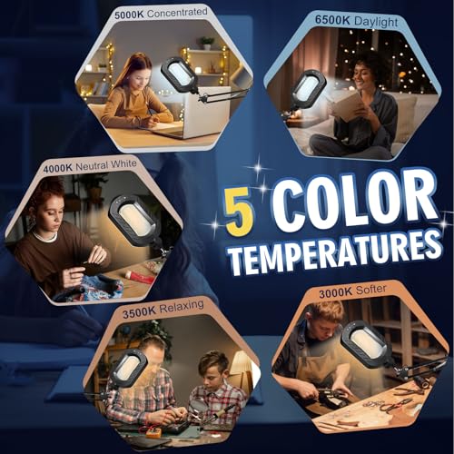 12X Square Magnifying Glass with Light and Stand with 144 LEDs Brightiness, 5 Color Modes Hands Free Lighted Magnifying Glass, 10 Dimmable Brightness Magnifying Desk Lamp for Close Work Craft Reading