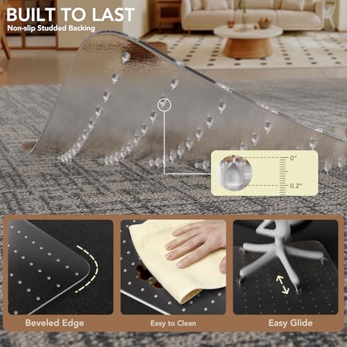 Office Chair Mat for Low Pile Carpet with Lip, 48" x 60" Clear Plastic Floor Protector, Heavy Duty Desk Chair Mat for Rolling Chairs, Smooth Glide Computer Mat for Home Office