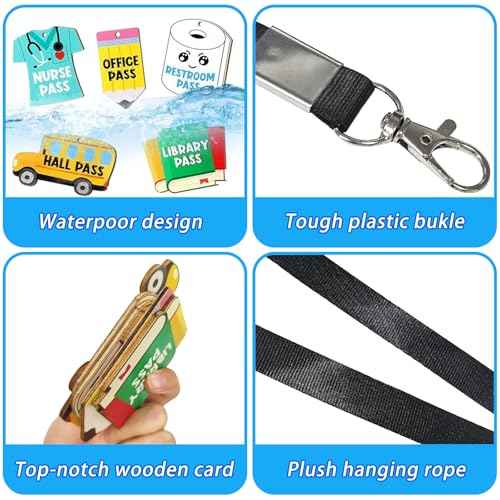6 Sets Durable Wooden Classroom Pass Lanyards for School - Restroom,Library,Office Nurse Permission Passes for Elementary Middle High School