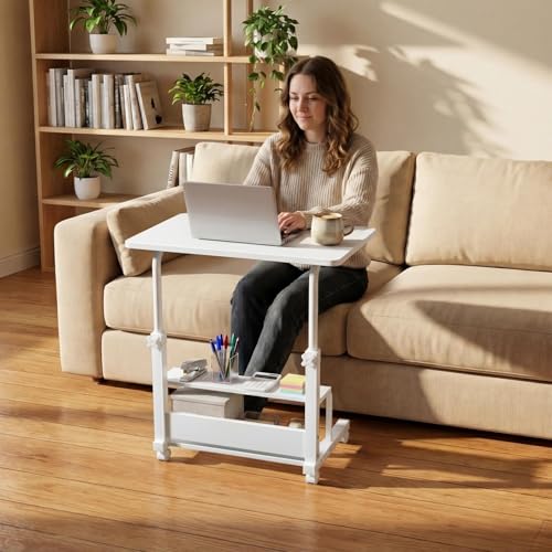 WINAZ 31.5" Small Portable Laptop Rolling Desk with Wheels, White, 2-Tier Storage