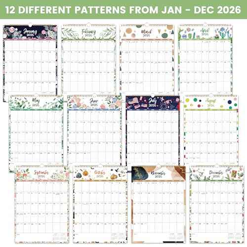 2026 Calendar - 2026 Wall Calendar, 12 Monthly Wall Calendar 2026 from January 2026 - December 2026, 12" x 17", Twin-Wire Binding + Hanging Hook + Ruled Blocks + Thick Paper with Julian Dates - Floral