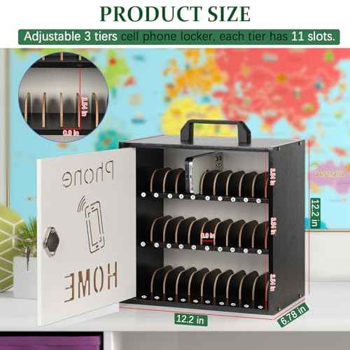 Echaprey Cell Phone Holder Classroom Adjustable 33 Slots Pocket Chart Wooden Cell Phone Storage Cabinet with Handle and Lock Desktop Cell Phone Holder for Classroom Office (Black)