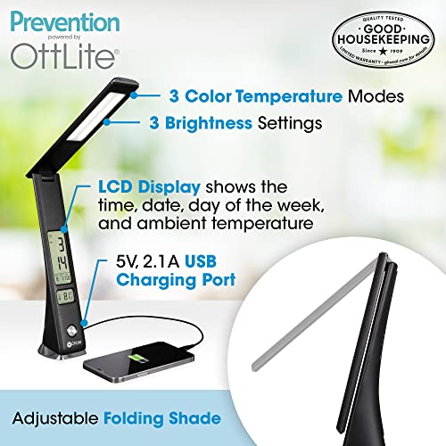 Prevention by OttLite LED Task Adjustable Lamp with Digital Display - Designed to Reduce Eyestrain - Adjustable Neck, 3 Color Modes & USB Charging - Crafting, Office Work, Reading & Studying