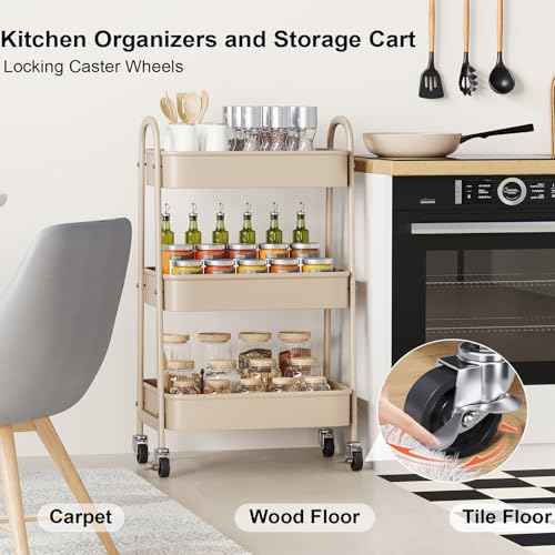 Beige 3 Tier Rolling Cart Metal on Wheels, Three Tiered Storage Organizer Utility Trolley with Wheels for Art, Craft, Baby Diaper Caddy, Snack, Book, Nail, Lash, Cleaning Supplies, Kitchen, Bathroom