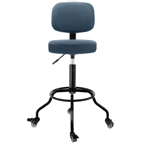 CoVibrant Heavy Duty Garage Stool with Ergonomic Backrest - Lockable Rubber Wheels & High Footrest, 360° Swivel, Adjustable Height for Work Shop Workbench, 350lbs Capacity (Blue, 26"-31")