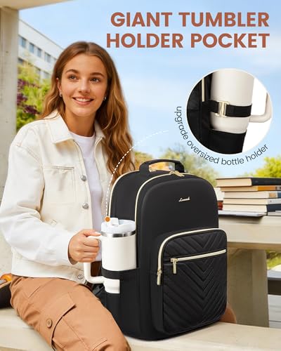 LOVEVOOK 15.6 Inch Quilted Laptop Backpack for Women with Tumbler Holder - Black