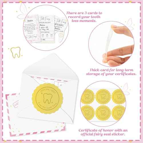 Mini Tooth Receipt Set - 20 Set Pink Tooth Cards with Envelope and Fairy Letter for Kids, Lost Teeth Certificate Keepsake Postmark Gift Bag with Seal Stickers for Girls Boys Home School Award