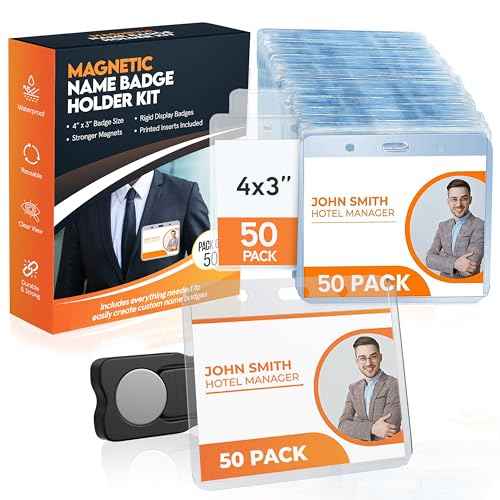 50 Pack of 4x3 Magnetic Name Badge Holders (White Printable Inserts Included) Customizable Magnetic Name Tags for Office, Conventions, School, and Events - Durable and Clear Plastic Name Tag Holder