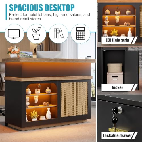 SDMY D-Black Reception Desk with LED Lights, Lockable Drawers & 63.6in Front Table