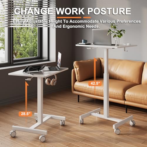 Mobile Small Standing Desk, Gas Spring Adjustable Height Rolling Portable Laptop Desk with Lockable Wheels, Computer Workstation, Rolling Podium (White, 17.8 * 25.5)