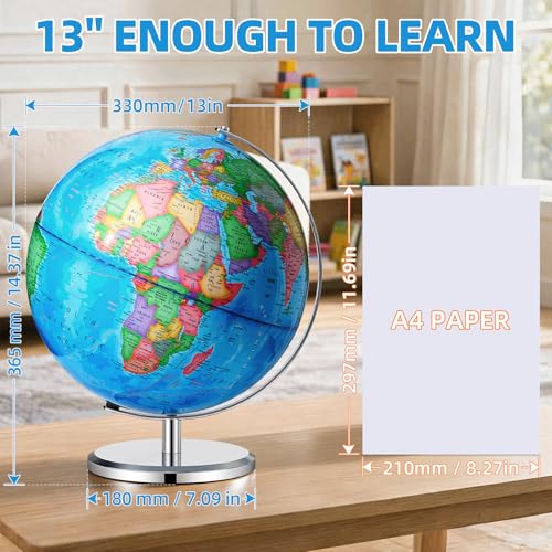 Blue 13-Inch World Globe with Metal Stand - HD Political Map for Learning & Decor