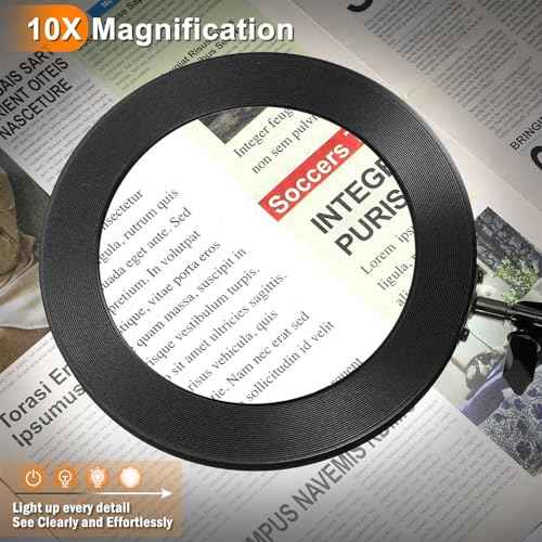 Large 10X Magnifying Glass with Light, 5 in Real Glass Stand Lighted Magnifier, 3 Color Modes Steepless Dimmable LED Magnifying Desk Lamp with Clamp, Hands Free for Close Work Crafts Hobby