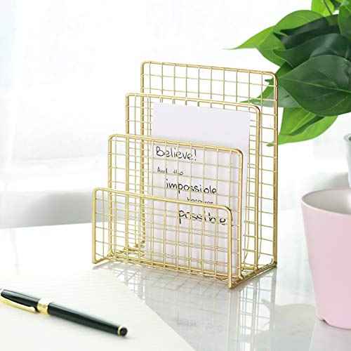 3 Slots Letter Holder, Metal Multifunctional File Holder for Mails, Books, Brochures and Postcards, Desktop Office Organizer Decoration, 5.6¡± x 3.7¡± x 7.0¡±, Gold