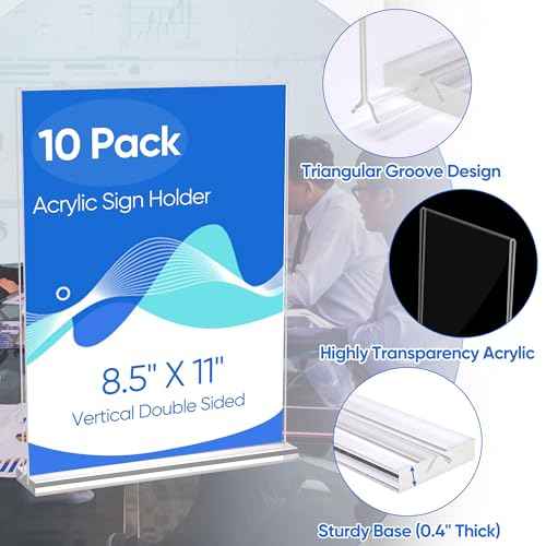 10 Pack Acrylic Sign Holder 8.5 x 11, Clear Double Side T Shape Acrylic Table Sign Stands for Display, Flyer Holder Paper Card Holder for Office Business Store Malls Restaurants