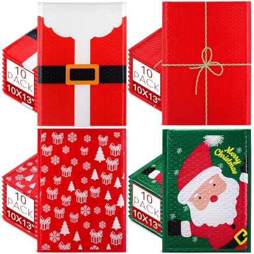 40 Pcs 10 x 13 Inch Large Christmas Poly Bubble Mailers Christmas Padded Envelopes Self Adhesive Holiday Shipping Bags Assorted Xmas Bags for Business School Family Xmas Gift